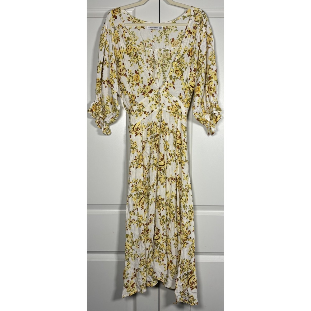 Faithfull The Brand Womens Rafa Midi Dress White Yellow Puff Sleeve Floral L